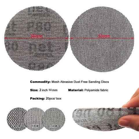 20 Pack Of 2 Inch Mesh Sanding Discs Hook And Loop With Dust Free Sharp Grinding For Smoother Woodwork Finishing On Any Project Surface, shown with textures.