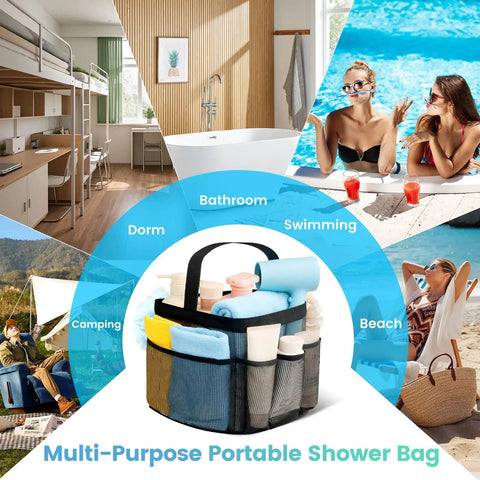 Durable Mesh Shower Caddy With Nine Pockets For Dorm Room Essentials in various settings like dorm, camping, and beach.