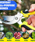 Four Pack Garden Pruning Shears Set With Stainless Steel Blades cutting a branch, ideal for flowers, bonsai, herbs in yellow handle