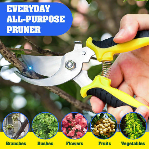 Four Pack Garden Pruning Shears Set With Stainless Steel Blades cutting a branch, ideal for flowers, bonsai, herbs in yellow handle