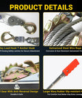 Beefy 2 Ton Come Along Winch For Vehicle Recovery And Outdoor Tough Jobs, Rugged Hand Winch With 4,400 Lbs Pulling Power, Built For Trucks, Trailers, Farm Work, Fence Stretching, Log And Tree Removal. close-up of galvanized steel wire rope and safety hooks