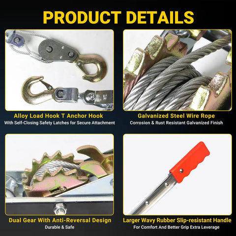 Beefy 2 Ton Come Along Winch For Vehicle Recovery And Outdoor Tough Jobs, Rugged Hand Winch With 4,400 Lbs Pulling Power, Built For Trucks, Trailers, Farm Work, Fence Stretching, Log And Tree Removal. close-up of galvanized steel wire rope and safety hooks