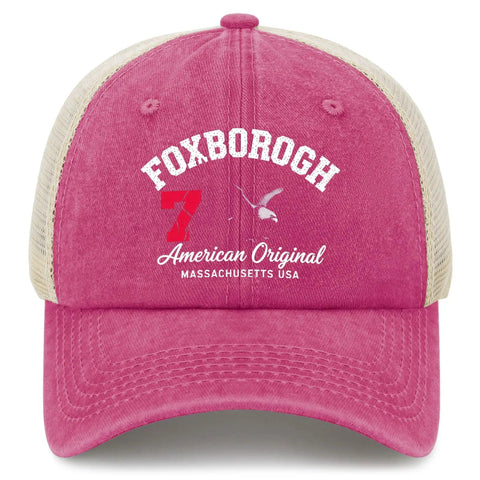 Dope Outdoor Trucker Hat For Men With Vintage Style in Rose Red with 'Foxborough American Original' text.