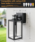 Built Tough Black Motion Sensor Outdoor Wall Light With Dusk Till Dawn Auto Sense And Built In Two Electrical Outlets For Plugging Yard Gear Weatherproof Plug Ready Lighting, showing measurements and compatibility with E26 bulbs.