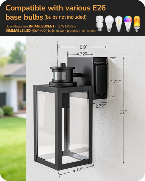 Built Tough Black Motion Sensor Outdoor Wall Light With Dusk Till Dawn Auto Sense And Built In Two Electrical Outlets For Plugging Yard Gear Weatherproof Plug Ready Lighting, showing measurements and compatibility with E26 bulbs.