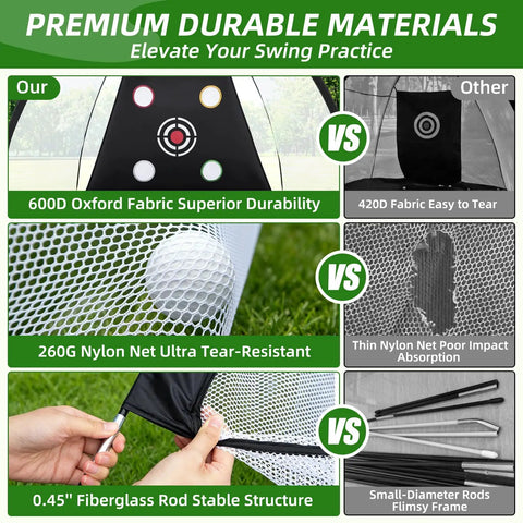 Golf Practice Net 10x7ft With 600D Oxford Fabric heavy duty frame comparison of materials and durability features.