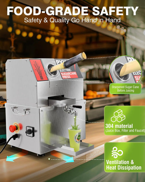 Heavy Duty Electric Sugarcane Juicer Machine With Three Rollers For Commercial Countertop Use High Yield 300Kg Per Hour Stainless Steel Press with a cup of juice dispensing.