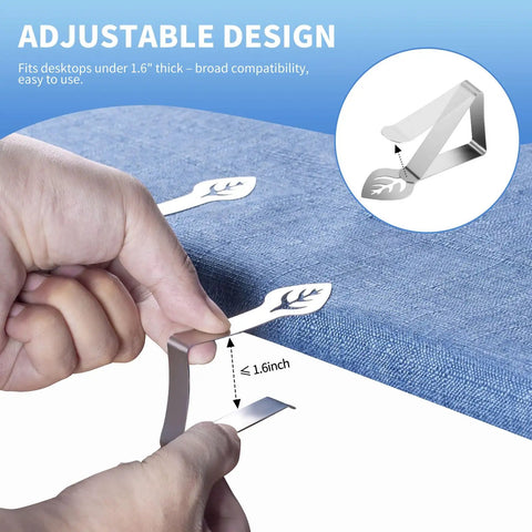 Heavy Duty Stainless Steel Tablecloth Clips 12 Pack Windproof Tablecloth Holders For Outdoor Tables Ideal For Restaurants Parties Weddings And Camping Rust Resistant Clips demonstrating adjustable design on blue table