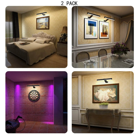 Rechargeable Picture Lights For Wall Art Set Of 2 With 5000mAh Battery Remote Control And 3 Color Temperature Dimmable LEDs lighting bedroom, dining room, dartboard, and artwork.