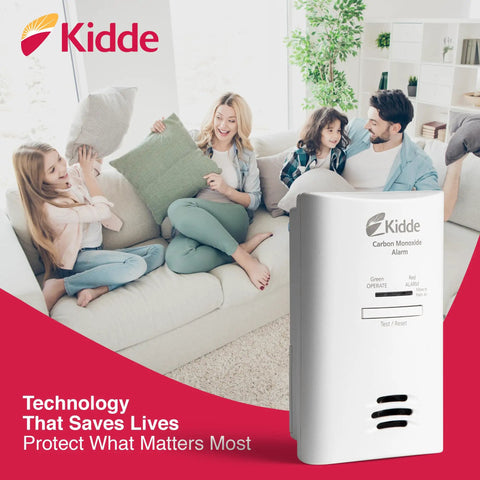Plug In Carbon Monoxide Detector With Battery Backup, 85 DB Alarm, LED Status Lights, Peak Memory in a living room scene