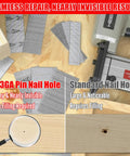 Comparison of 23GA Pin Nail Holes and Standard Nail Holes showing tiny, nearly invisible holes ideal for woodworking, 7200 Piece 23 Gauge Pin Nails In Six Assorted Lengths For Pneumatic Tools Hella Versatile Fine Finish Staples Straight Up Perfect For Woodworking Projects And Trim Installation Every Day.
