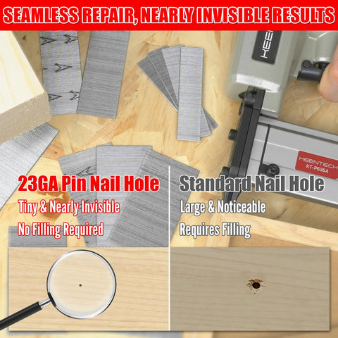 Comparison of 23GA Pin Nail Holes and Standard Nail Holes showing tiny, nearly invisible holes ideal for woodworking, 7200 Piece 23 Gauge Pin Nails In Six Assorted Lengths For Pneumatic Tools Hella Versatile Fine Finish Staples Straight Up Perfect For Woodworking Projects And Trim Installation Every Day.
