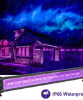Ultra Bright 42W LED Black Light Bar Set illuminating a house exterior in rain, showcasing IP66 waterproof feature
