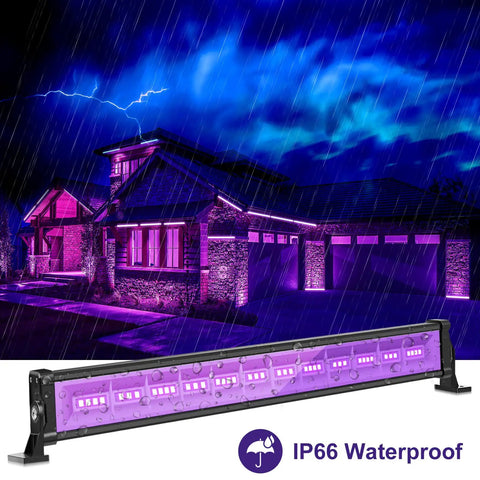 Ultra Bright 42W LED Black Light Bar Set illuminating a house exterior in rain, showcasing IP66 waterproof feature