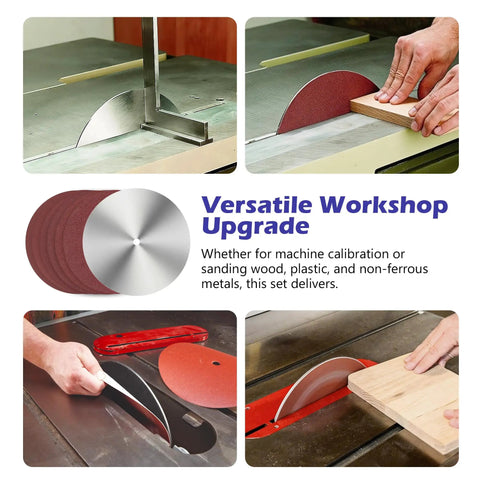 10 Inch Table Saw Calibration Plate And Sanding Disc Set with 18 PSA Sandpapers for precise blade alignment and smooth finishing.