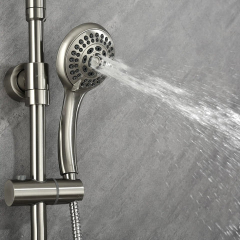 Riviera Shower System With 8-Inch Rain Showerhead, Three Body Sprays, Five-Function Hand Shower, Brushed Nickel Finish in use