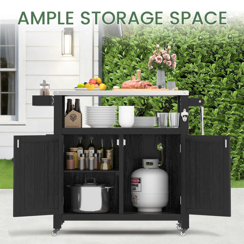 Weatherproof HIPS Outdoor Kitchen Island With Stainless Steel Top And Storage Cabinet Movable Prep Table With Wheels