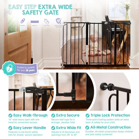 Image showing Extra Wide Baby Gate 29 To 49 Inches For Doorways And Stairs, Pressure Mounted Safety Gate With Door in use, black color.