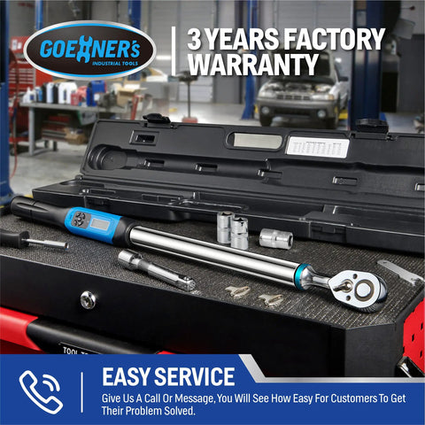 Digital Torque Wrench One Half Inch Drive With Buzzer And LED Indicator Pro Grade Build Twelve And A Half To Two Hundred Fifty Foot Pounds And Seventeen To Three Hundred Forty Newton Meters Electronic Torque Tool With Calibration Certificate Red in open case in workshop setting