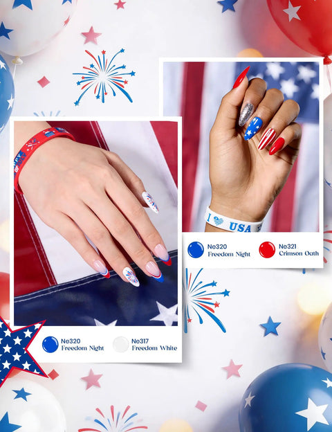 Fourth Of July Gel Nail Polish Kit With UV Light And 6 Festive Red White Blue Shades, patriotic manicure with nail art tools.