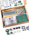 Open box showing All-In-One 1900Pcs Electronic Component Kit Assortment For DIY Projects with resistors, LEDs, and PCBs