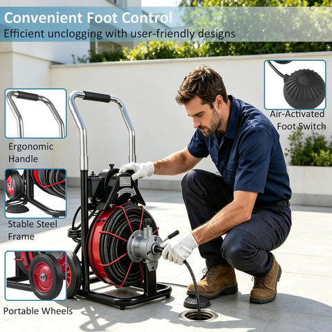 Heavy Duty Electric Sewer Auger And Drain Cleaner Machine Featuring 100 Ft Half Inch Steel Cable And 550W High Torque Motor used with foot control by a technician.