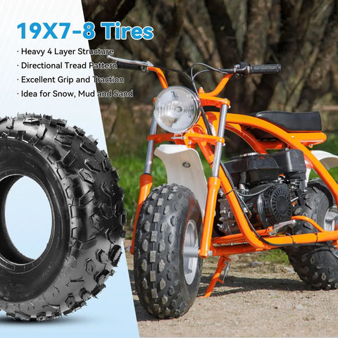 19x7-8 Tubeless Mini Bike Tire Replacement for Coleman CT200U BT200X CT200U-EX with tire tread detail and mini bike