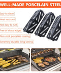 Three heat deflectors for Weber Genesis II Grills shown in porcelain steel material with grill food examples, compatible replacement GS4 part.