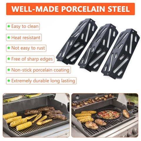 Three heat deflectors for Weber Genesis II Grills shown in porcelain steel material with grill food examples, compatible replacement GS4 part.