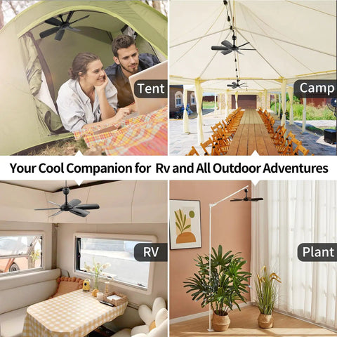 Beast Portable USB Ceiling Fan 17.7 Inch with 6 Blades in tent, gazebo, RV, and room for indoor and outdoor cooling.
