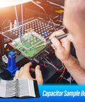 Person working with electronics using the 0402 Capacitor Kit With 4000-Piece Grab-And-Go Assortment Booklet, closeup view.