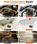Before and after images showcasing Portable Handheld Steam Cleaner With 1500W High Power for removing dirt from kitchens.