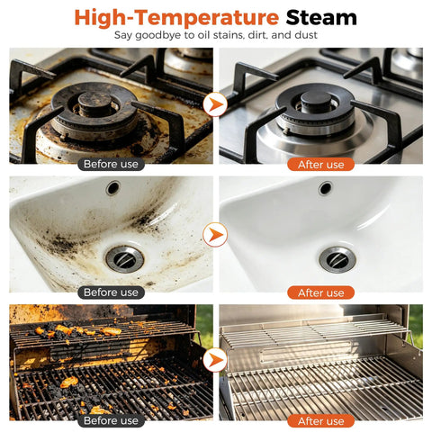 Before and after images showcasing Portable Handheld Steam Cleaner With 1500W High Power for removing dirt from kitchens.