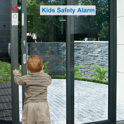 Home Window And Door Alarm With Chime Two Modes Chime And Alarm Easy Install 8 Pack For House Office Store RV visible on glass door.