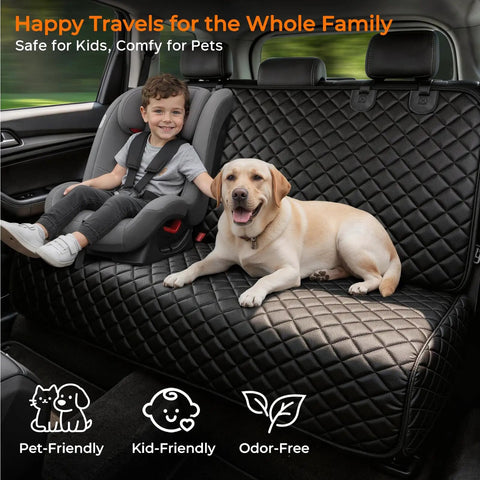 Child and dog on Dog Car Seat Cover For Back Seat Waterproof Non Slip Scratchproof Pet Seat Protector For Mid Size Cars And SUVs