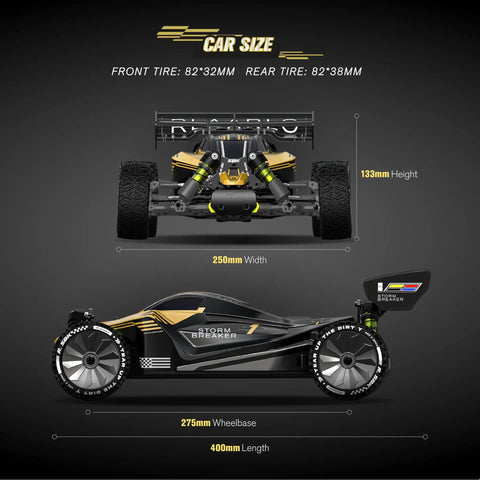 Diagram of One Tenth Scale Brushless RC Monster Truck Ready To Run For Beginners size in mm: width, height, wheelbase