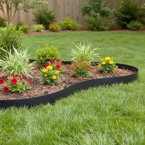100 Ft No-Dig Garden Edging 2 Inch Flexible Landscape Border DIY Friendly Heavy Duty Plastic Lawn Edge with 150 Stakes Weed Barrier Border for Yard Flower Beds Patios and Playgrounds surrounding flower bed with vibrant plants.