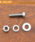 MR. ALLOY stainless steel 1/4-20 bolt with nut, flat washer, and lock washer; 4-piece hardware on wood surface