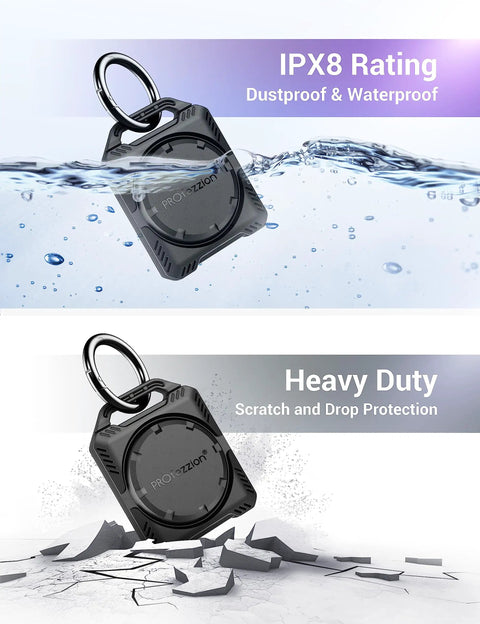 AirTag Holder Case With Key Ring And 3M Mount, IPX8 waterproof, submerged in water and showcased on breaking ground for durability
