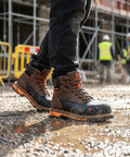 6 Inch Waterproof Composite Toe Work Boots For Men With Crazy Horse Leather Tough As Nails Goodyear Welt Slip Resistant EH Rated Heavy Duty Construction Boots For Industrial Roofing And Landscaping on construction site