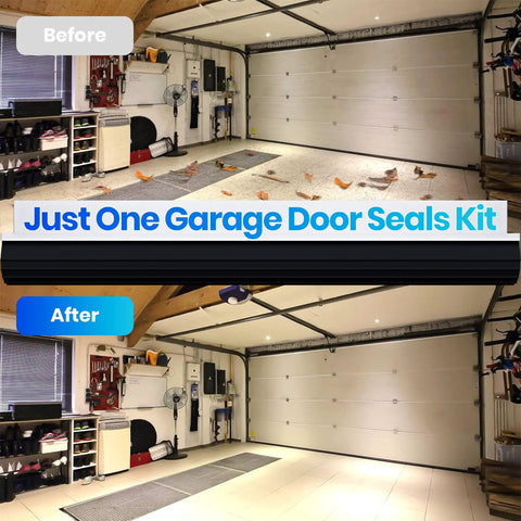 Garage Door Seal Kit for Steel Wood and Aluminum Doors with 2 Inch Brush and U Plus O Rubber Weatherstripping installed in a garage