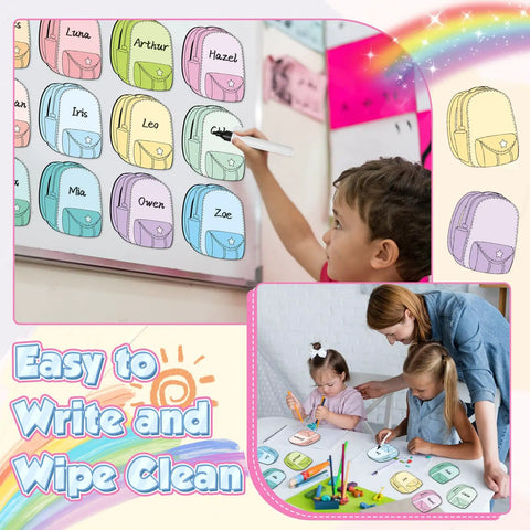 Children using 36 Piece Magnetic Name Tags Dry Erase Labels In 12 Colors Schoolbag Shaped on whiteboard and table.