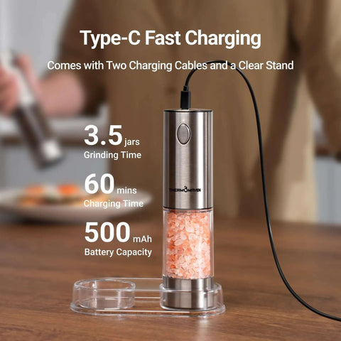 Upgraded Large Capacity Electric Salt And Pepper Grinder Set Game Changer 110ml, rechargeable with Type-C, on countertop