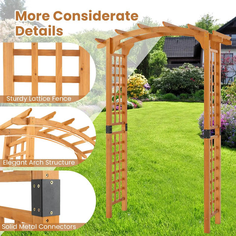 Arched-Top Wooden Garden Arch For Outdoor Use in lawn, lattice design, solid metal connectors, 7.5 ft tall for climbing plants.