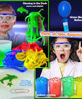 Kids playing with Over 100 Science Lab Experiments Kit for Kids, glowing worms, floating paper clip, and colorful potions