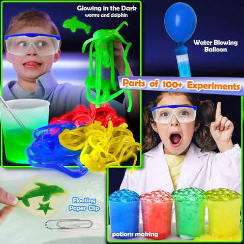 Kids playing with Over 100 Science Lab Experiments Kit for Kids, glowing worms, floating paper clip, and colorful potions