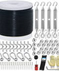 Ultimate 250ft Globe String Light Suspension Kit For Outdoors All In One DIY Hanging Set with accessories displayed