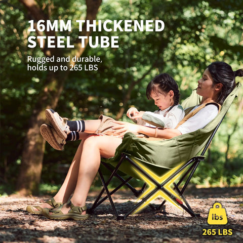 Oversized Padded Camping Chair With 27.6 Inch Wide Seat supports up to 265 lbs, 16mm steel tube frame, green, outdoor use