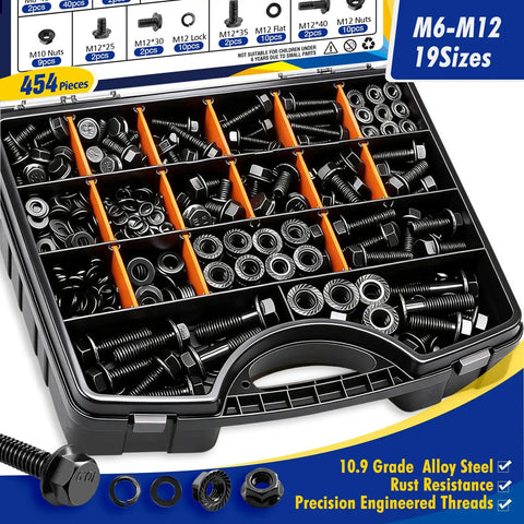 454 Piece Metric Flange Bolt Assortment Kit Grade Ten Nine M6 M8 M10 M12 Hex Bolts Nuts Washers Black Zinc Plating Heavy Duty Automotive And Farm Equipment Hardware Set organizer with assorted bolts, nuts, and washers