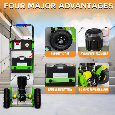 RXFSP Heavy Duty Electric Stair Climbing Hand Truck with pneumatic tires and brushless motor, showcasing its major advantages.